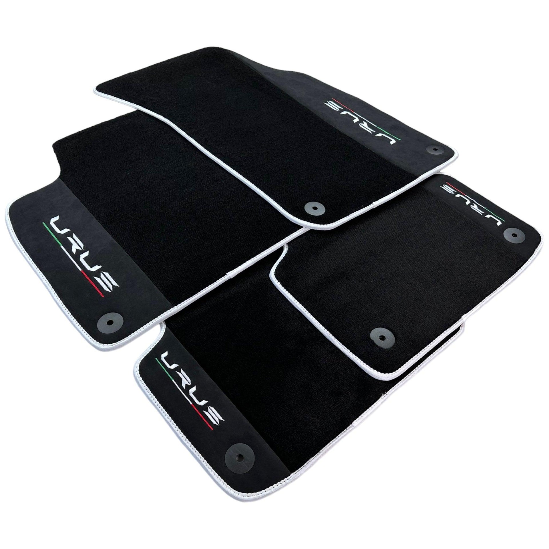 Black Floor Mats For Lamborghini Urus With Alcantara Leather White Trim - AutoWin