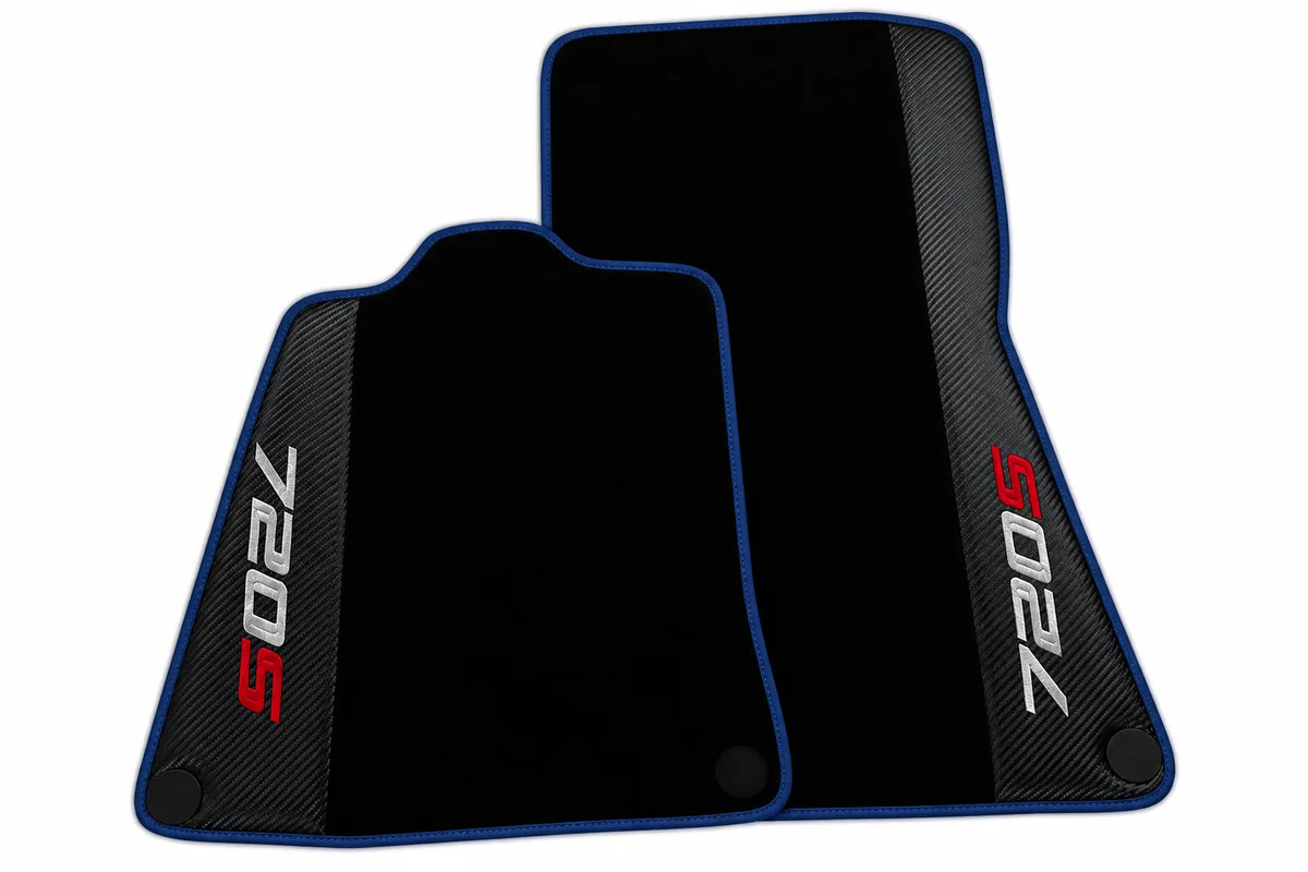 Black Floor Mats for McLaren 720S with Carbon Fiber | Various Trim Colors Dark Blue trim
