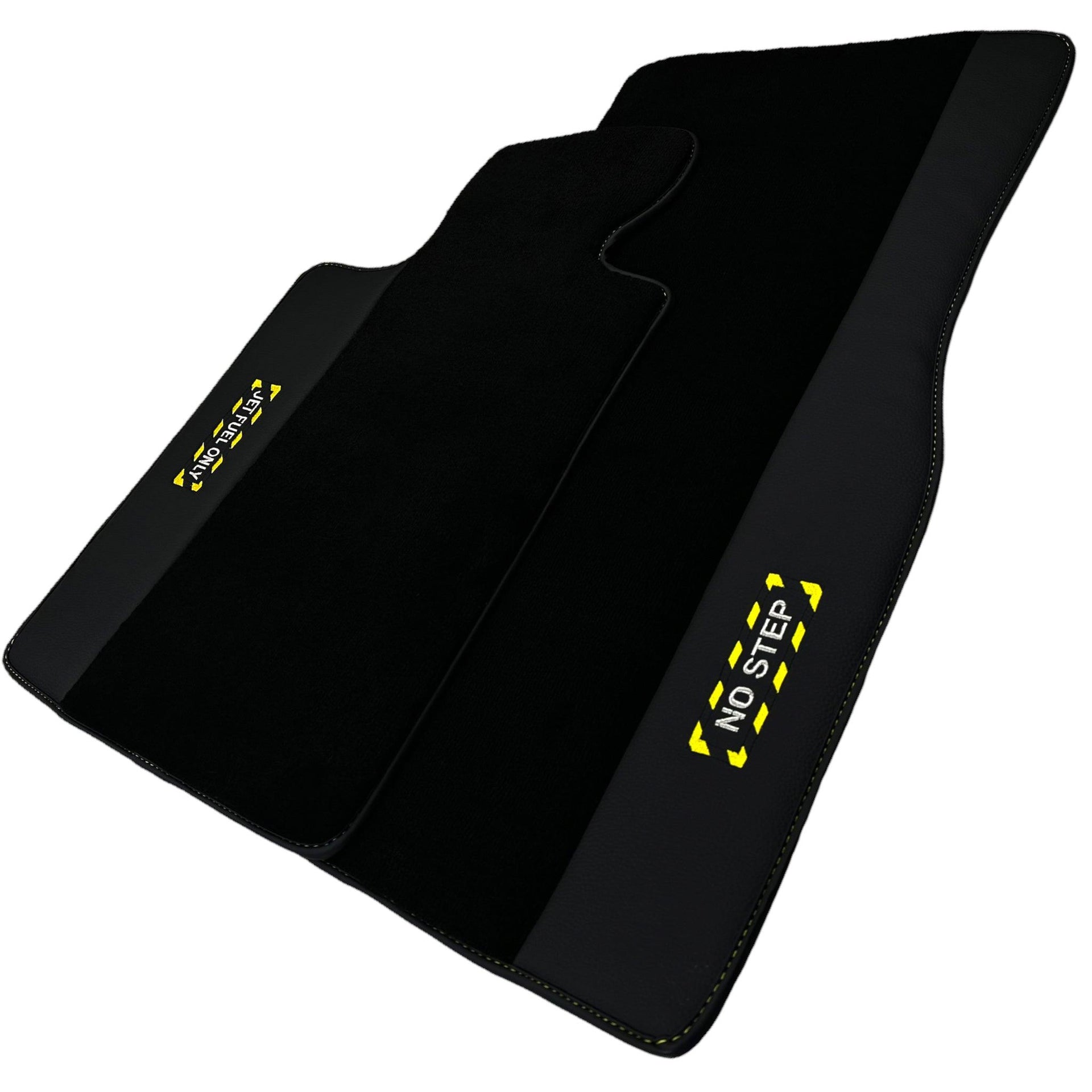 Black Floor Mats with Leather for BMW Gran Tourer F46 (2015-2022) 7 Seats - "Jet Fuel Only" - AutoWin