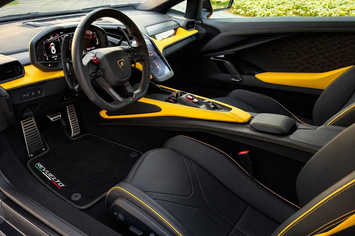 Black Floor Mats with Leather for Lamborghini Revuelto (2024-2027) Italian Edition inside the vehicle