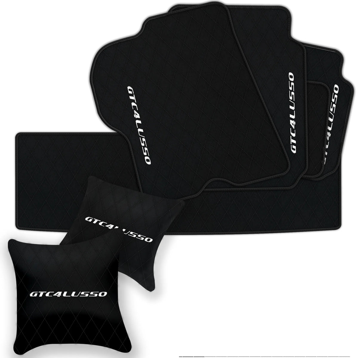 Black Leather Floor Mats for Ferrari GTC4 Lusso (2016-2023) with Single Diamond Pattern | Full Set Option