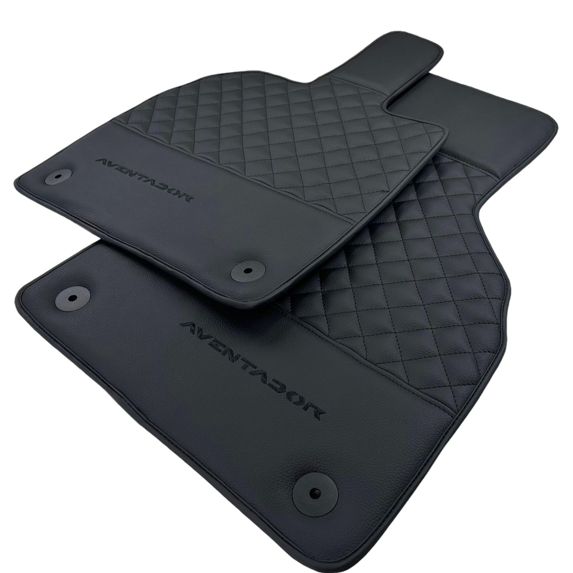 Black Leather Floor Mats for Lamborghini Aventador | Black Stitching - AutoWin