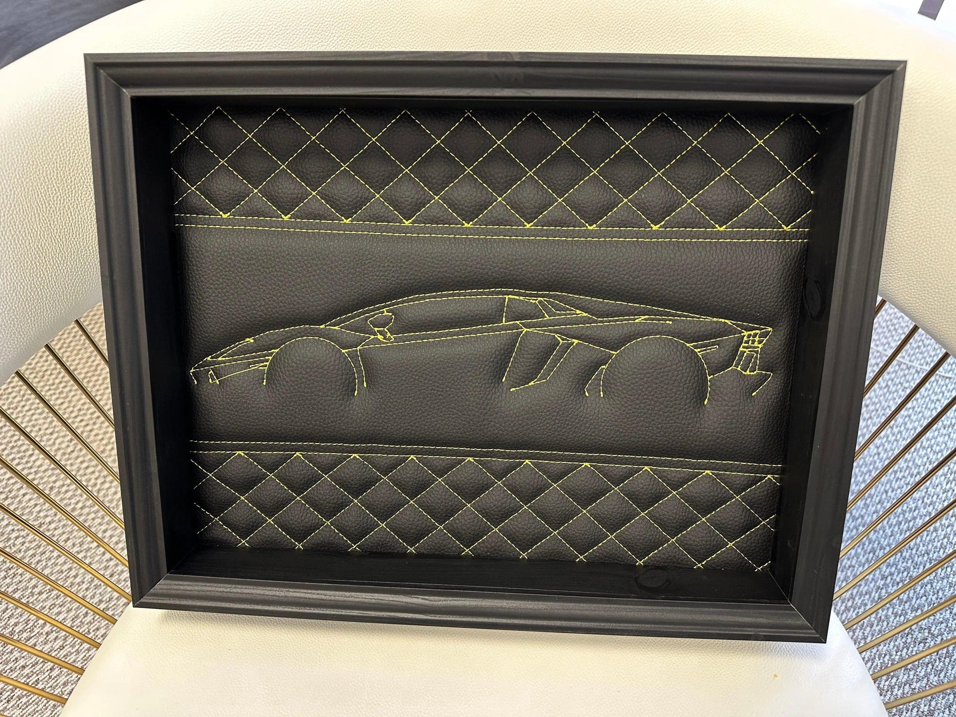 Black Leather Lamborghini Aventador Inspired Wall Art: Embroidered Yellow Stitch - AutoWin