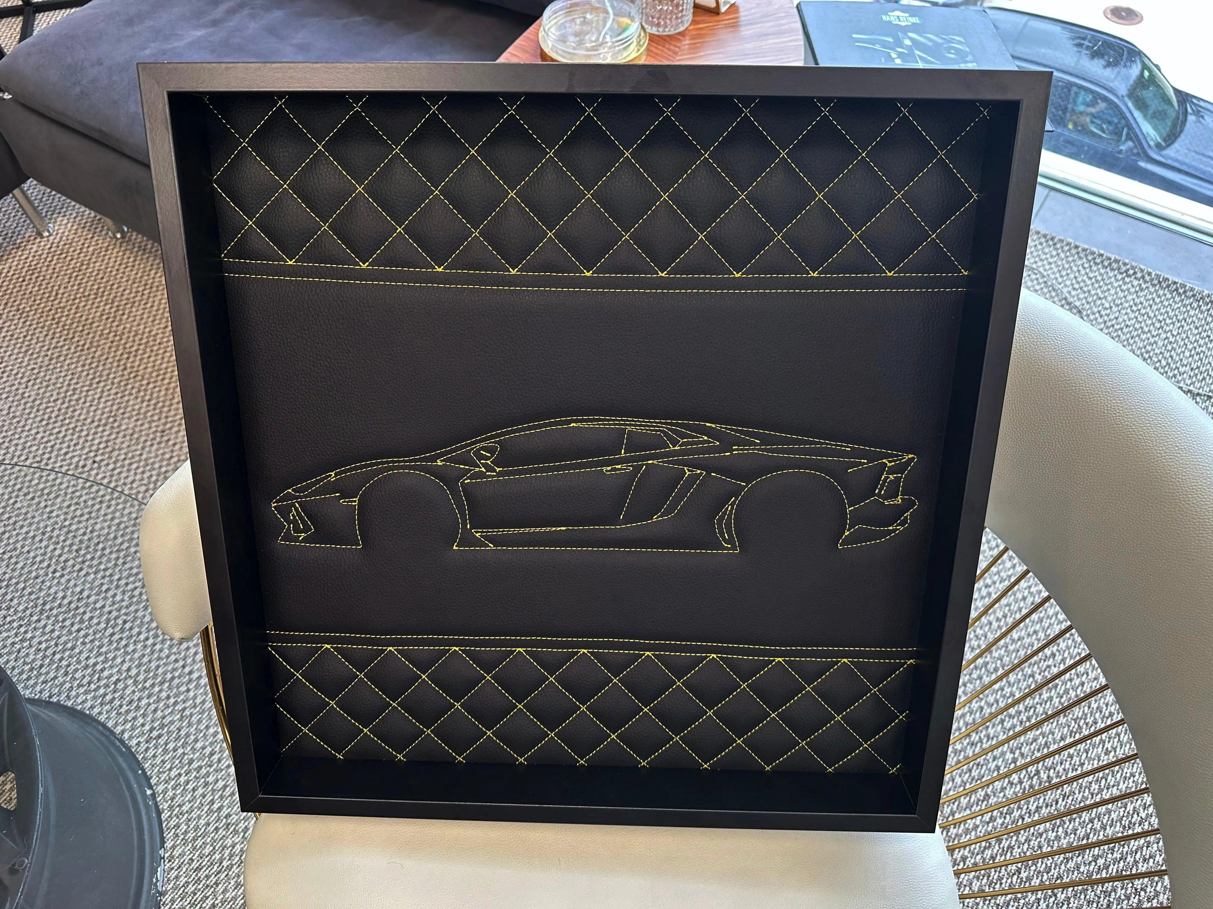 Black Leather Lamborghini Huracan Inspired Wall Art: Embroidered Yellow Stitch Luxury Decor - AutoWin