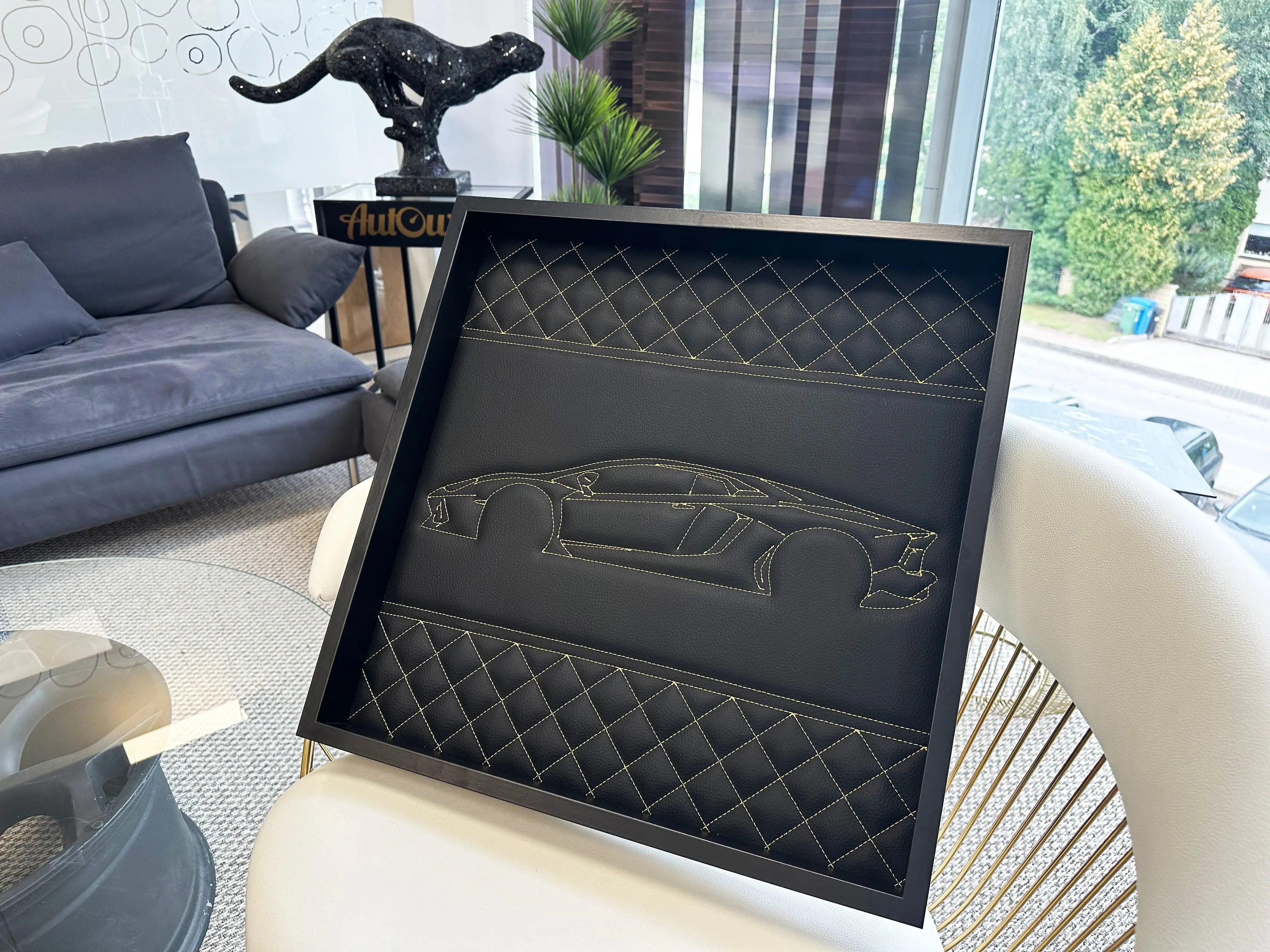 Black Leather Lamborghini Huracan Inspired Wall Art: Embroidered Yellow Stitch Luxury Decor - AutoWin