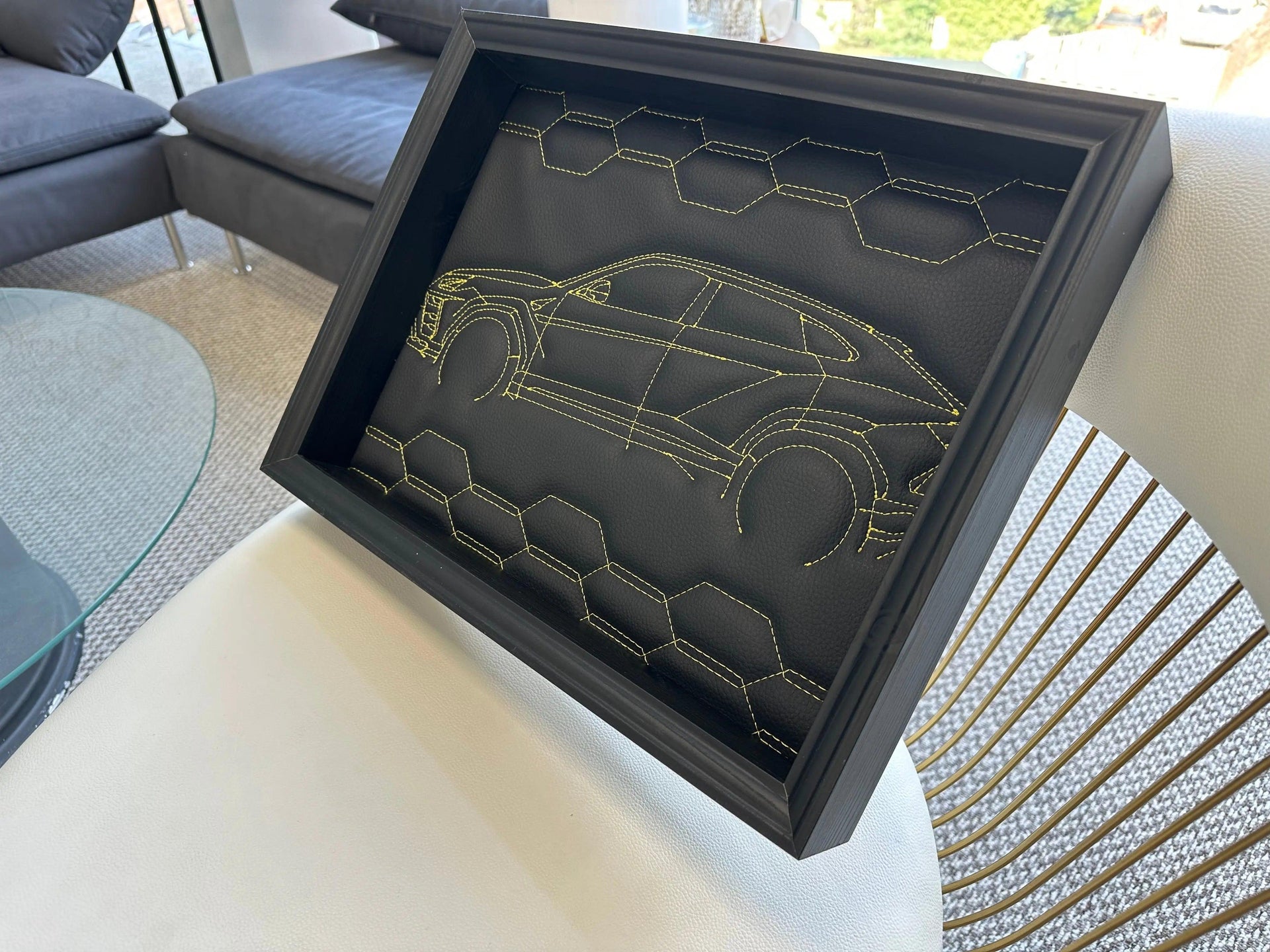 Black Leather Lamborghini Urus Inspired Wall Art: Embroidered Yellow Stitch - AutoWin