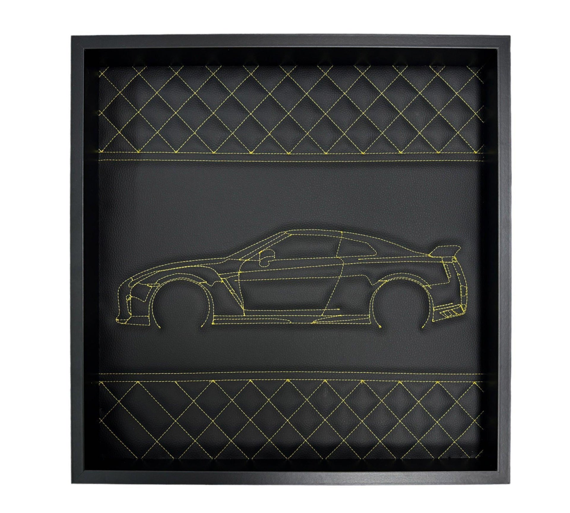 Black Leather Nissan GTR Inspired Wall Art: Embroidered Yellow Stitch Luxury Decor - AutoWin