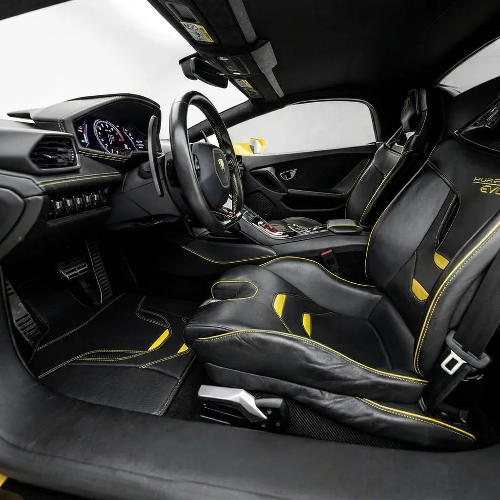 Customizable Leather Floor Mats with AW46 Pattern for Lamborghini Huracan EVO (2019-2024) inside the vehicle