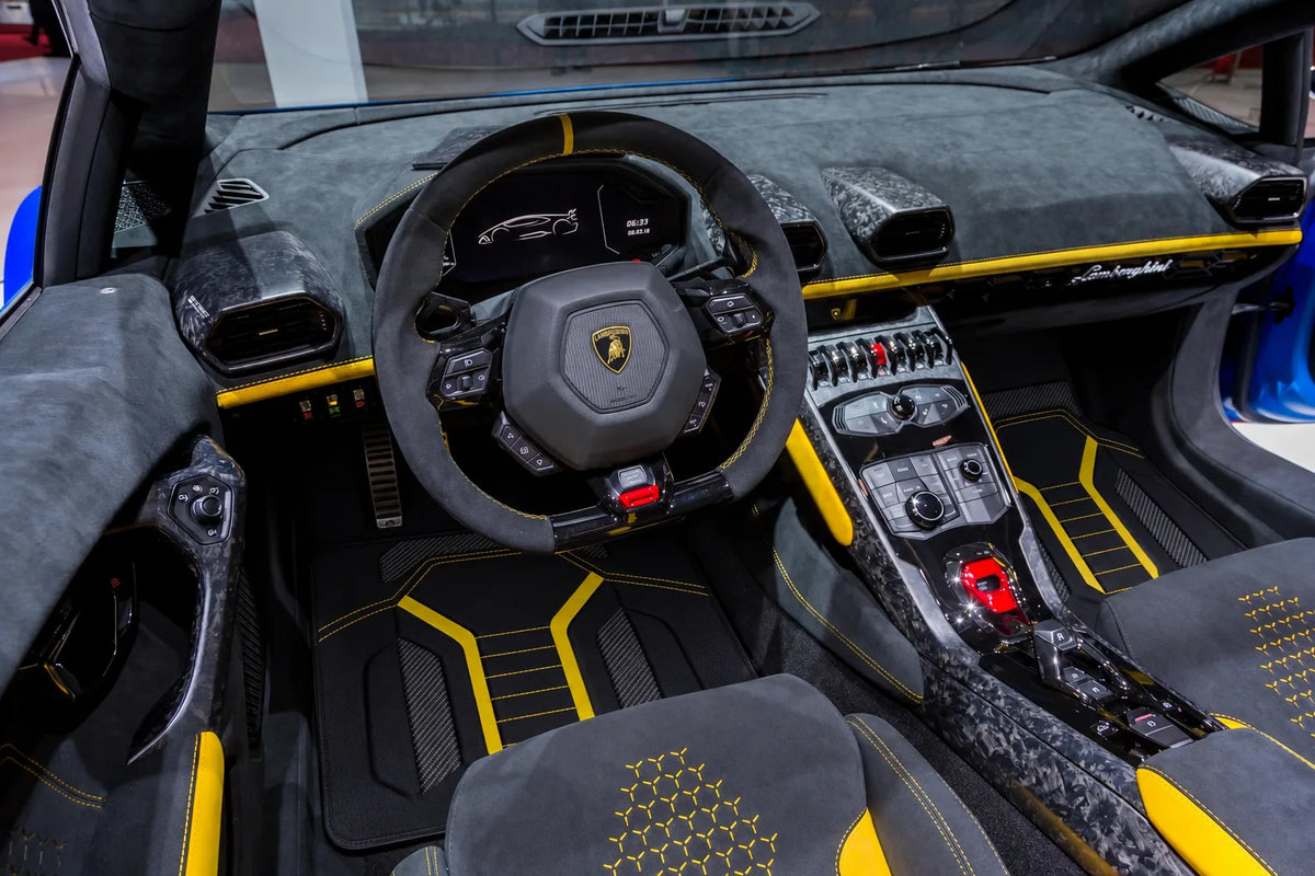 Customizable Leather Floor Mats with AW47 Pattern for Lamborghini Huracan Performante (2017-2019) inside the vehicle