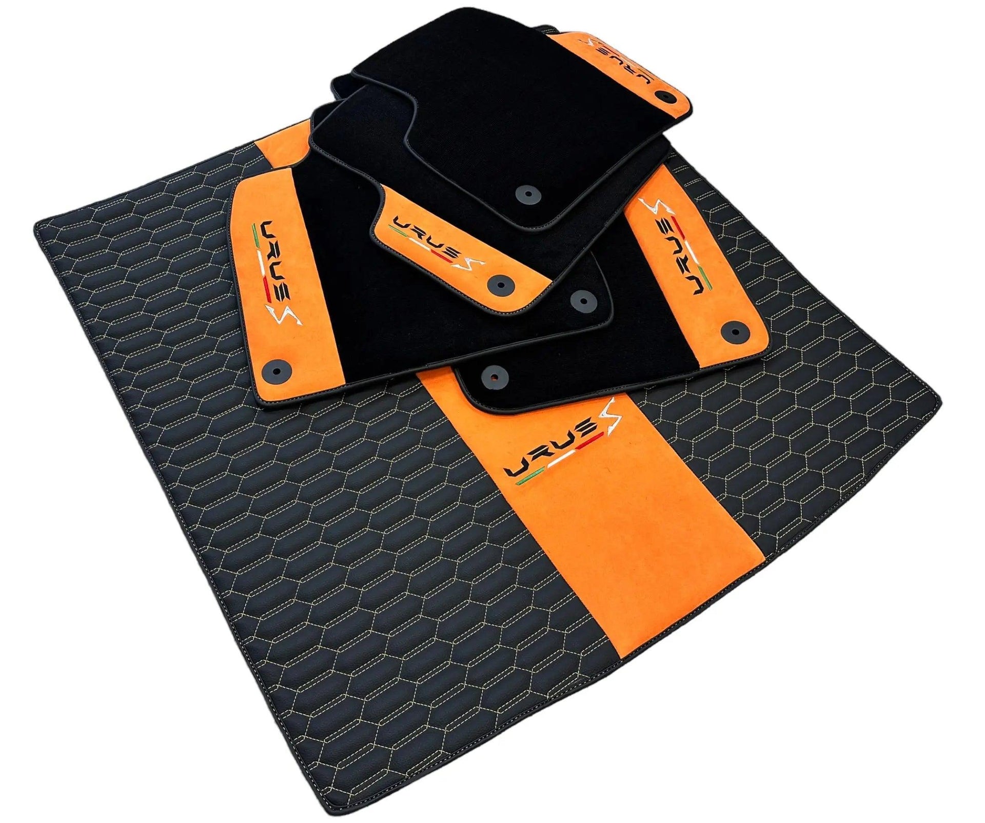 Floor Mats Set with Trunk Mat For Lamborghini Urus S With Orange Alcantara Leather - AutoWin