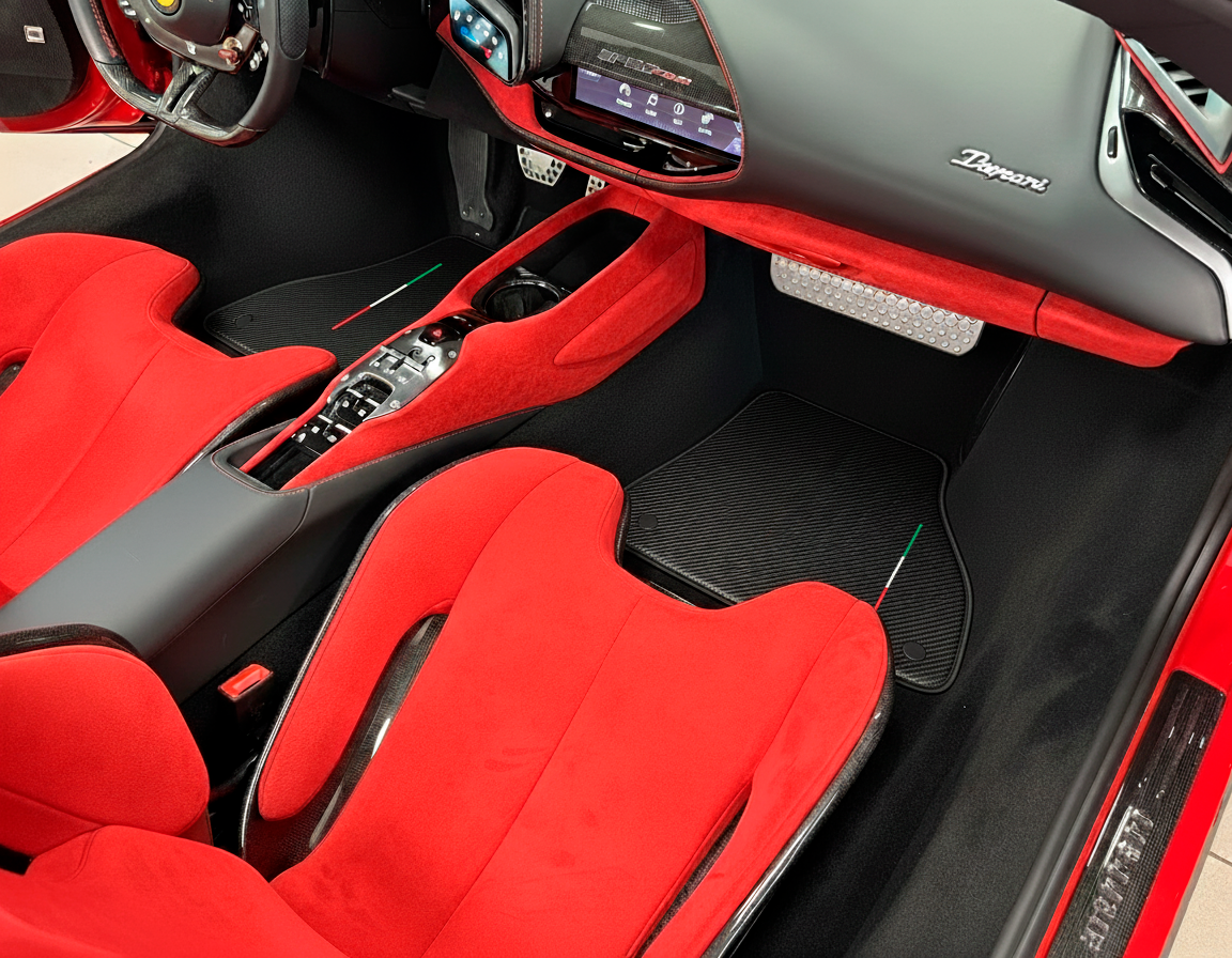 Black Floor Mats for Ferrari SF90 Stradale (2019-2024) with Leather and Red Trim - AutoWin