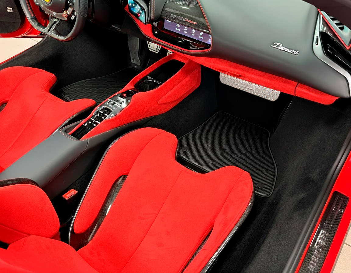 Black Floor Mats for Ferrari SF90 Stradale (2019-2024) with Leather and Red Trim - AutoWin