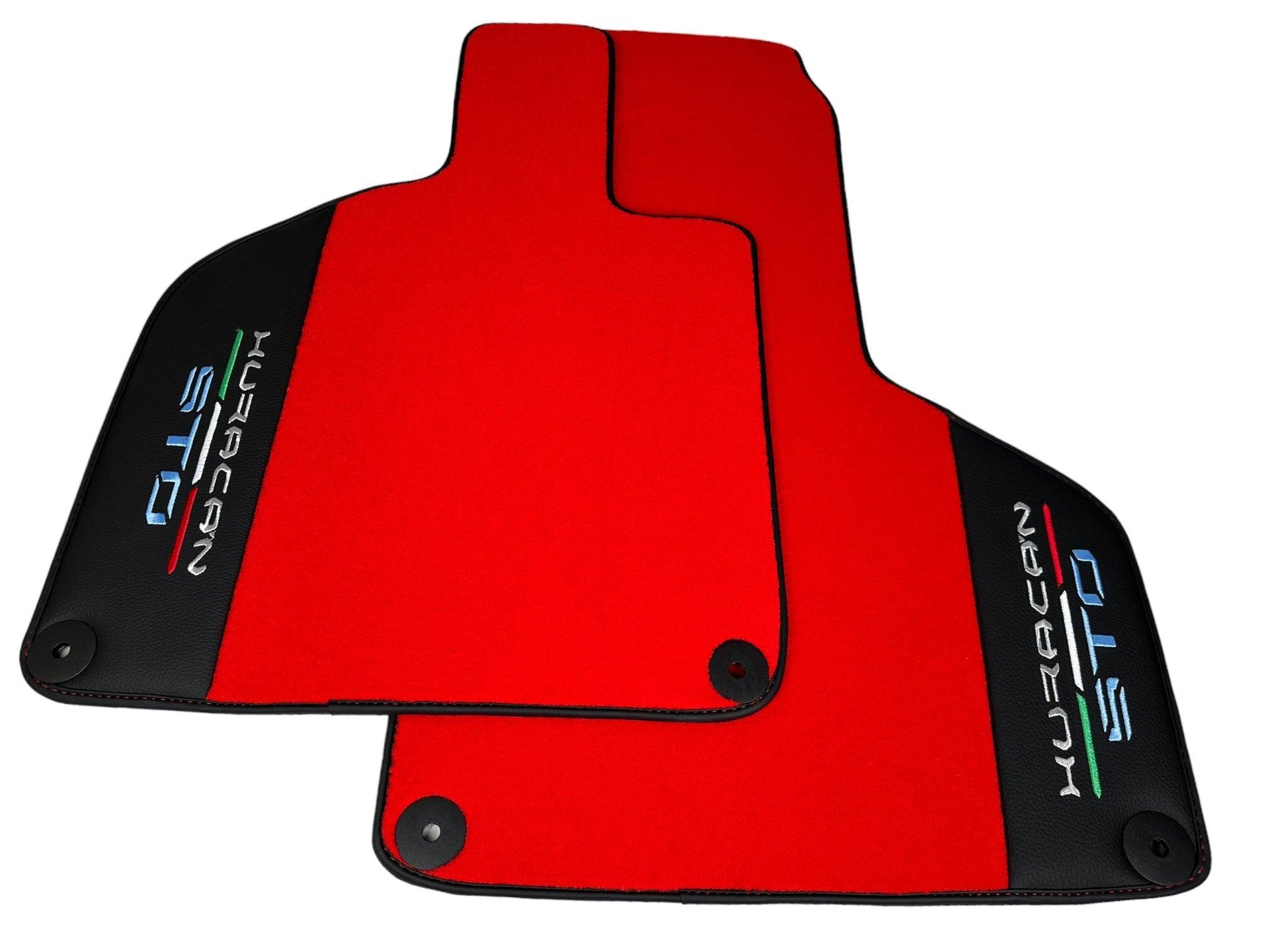 Red Floor Mats for Lamborghini Huracan STO With Black Leather Red Sewing - AutoWin