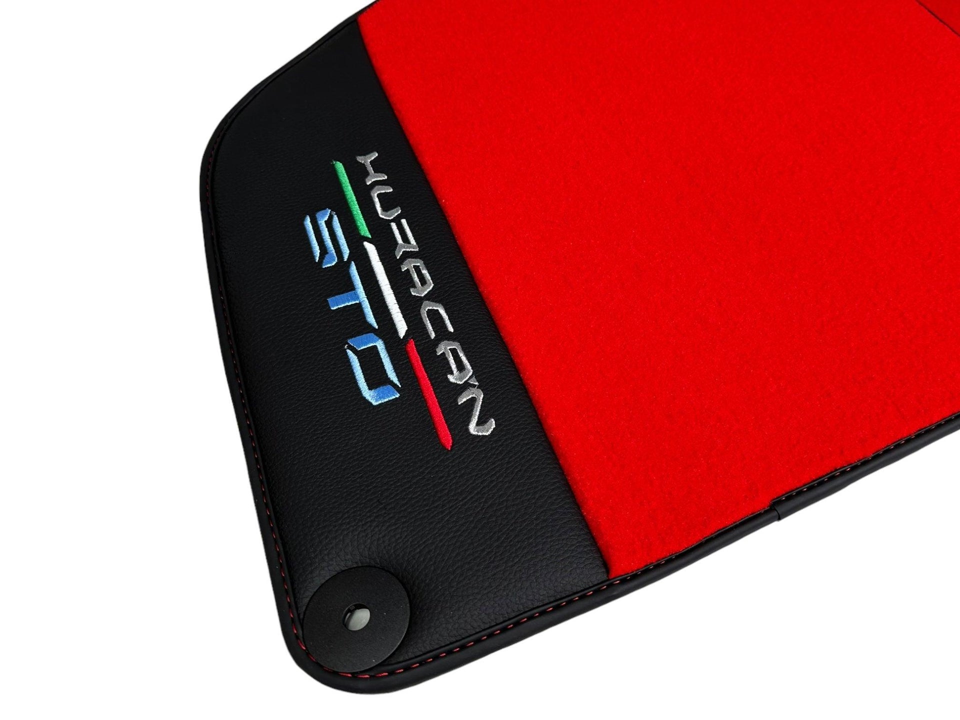 Red Floor Mats for Lamborghini Huracan STO With Black Leather Red Sewing - AutoWin