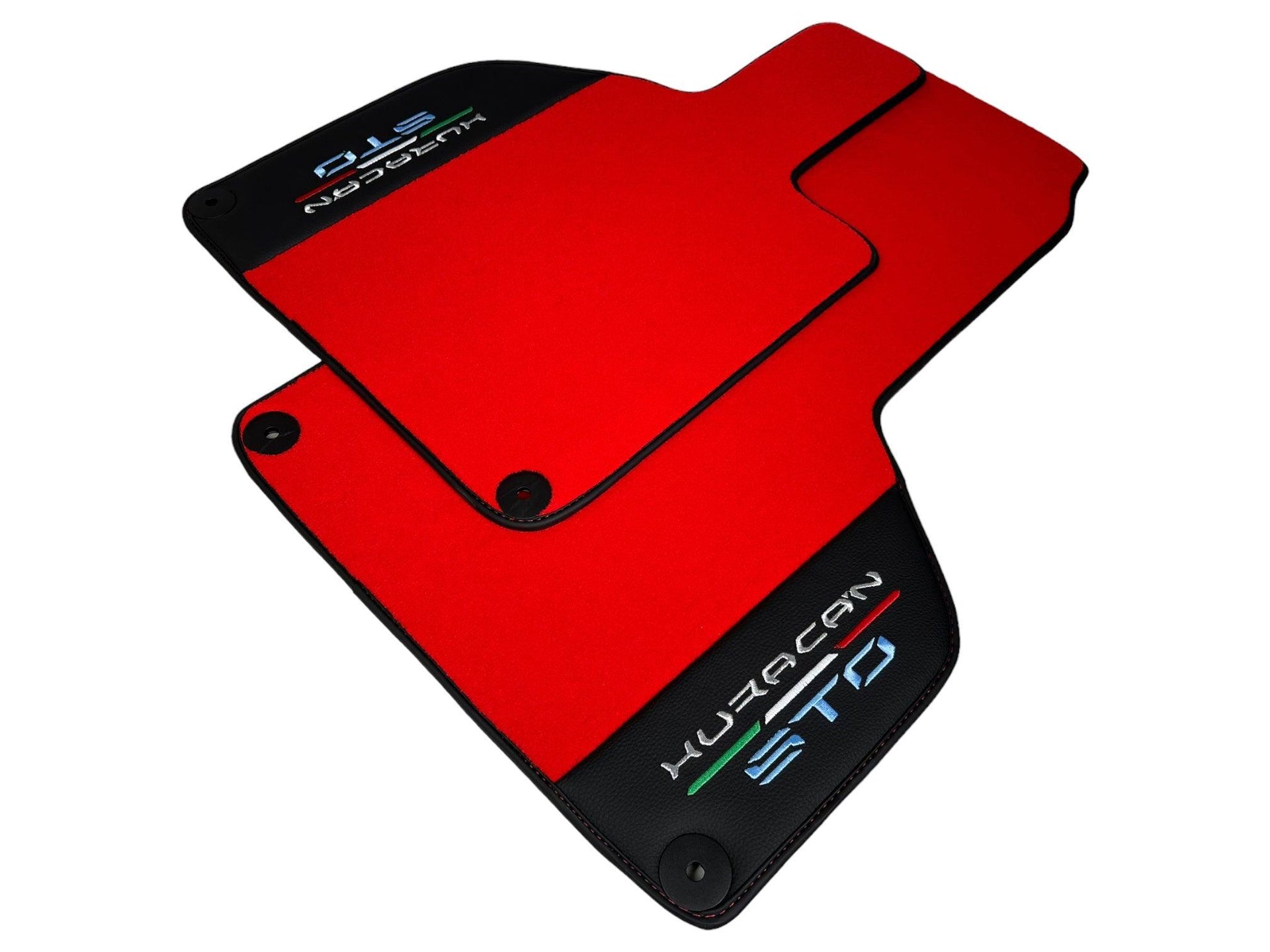 Red Floor Mats for Lamborghini Huracan STO With Black Leather Red Sewing - AutoWin