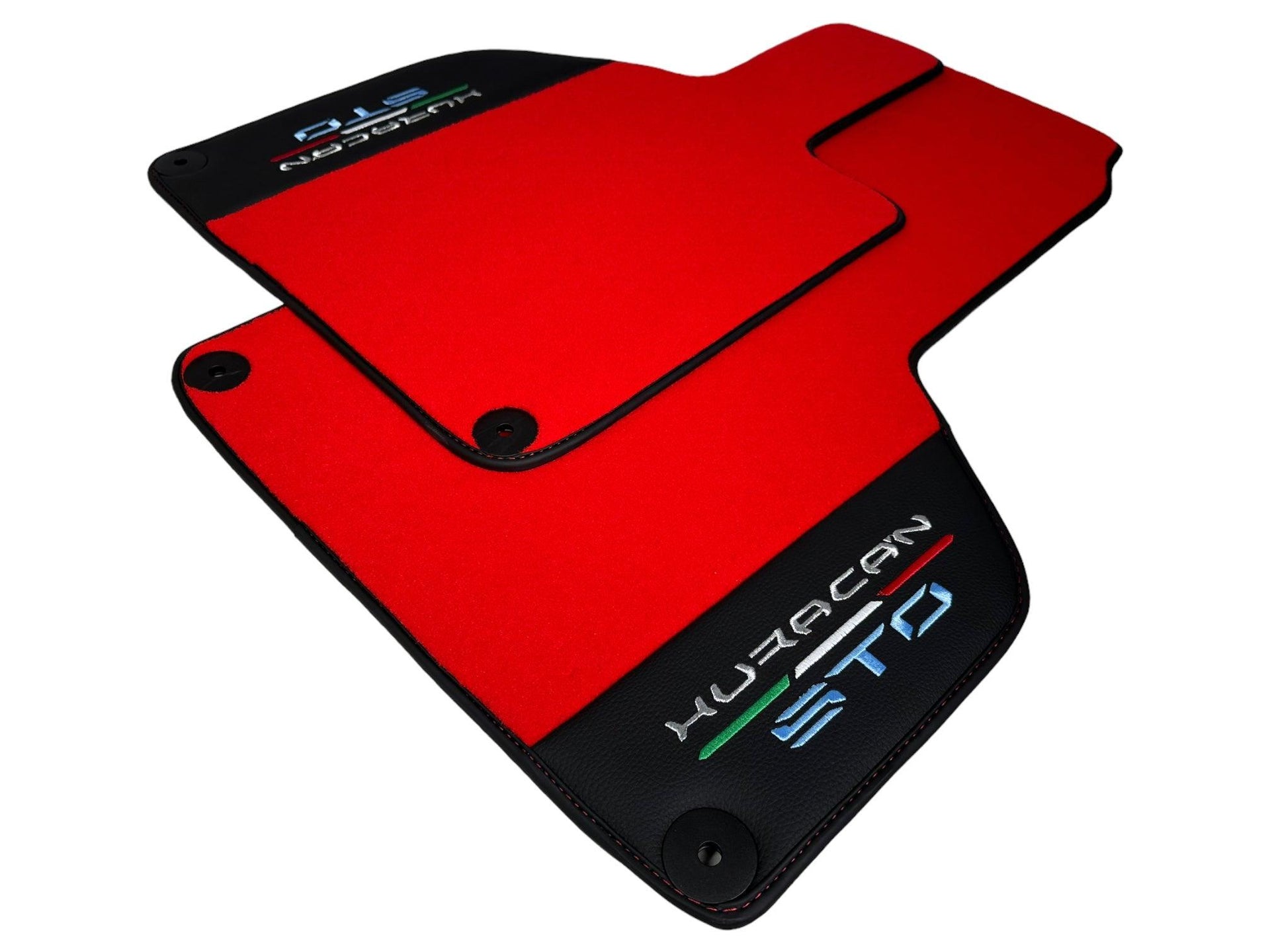 Red Floor Mats for Lamborghini Huracan STO With Black Leather Red Sewing - AutoWin