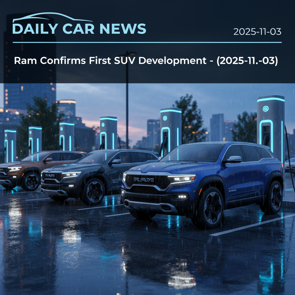 Editorial, photo-realistic HERO for an automotive daily news article titled "Ram Confirms First SUV Development – Daily Car News (2025-11-03)". Depict