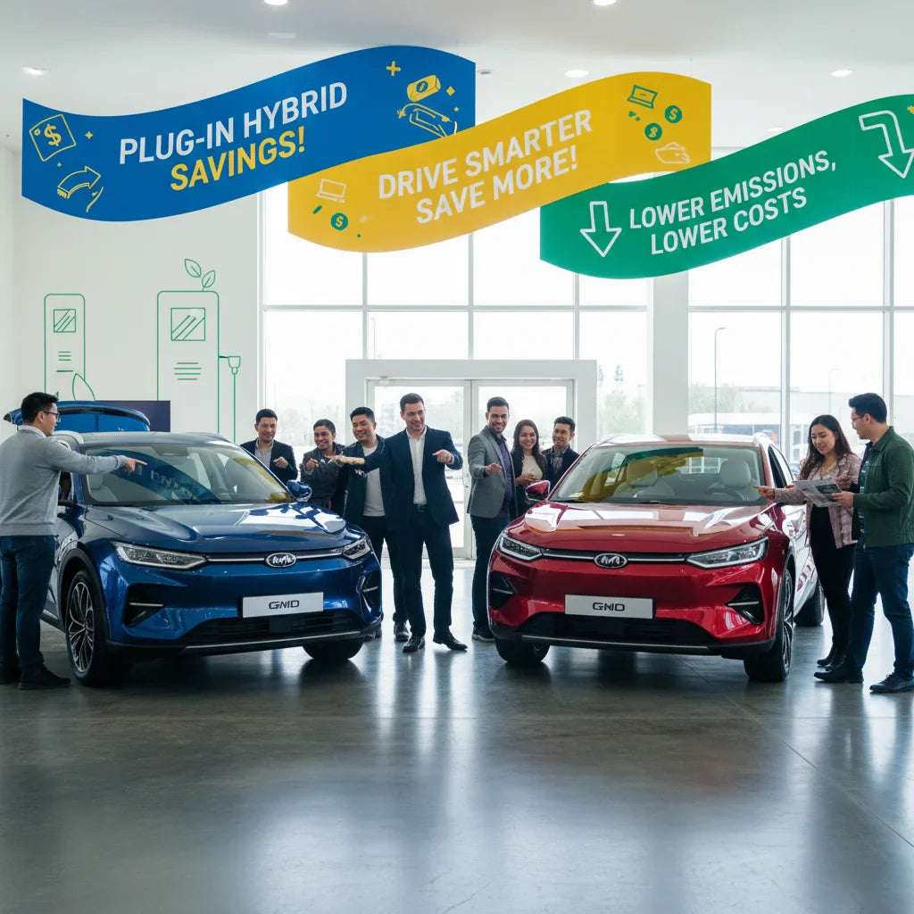 Editorial photo-realistic HERO image for automotive news (2026-02-19). Feature GWM vehicles specifically PHEV. Scene: A bright showroom filled with ex