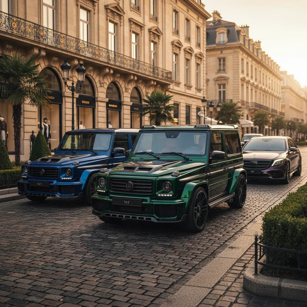 Editorial photo-realistic HERO image for automotive news (2026-02-28). Feature Mansory vehicles specifically G-Wagen. Scene: A two-door Mansory G-Wage