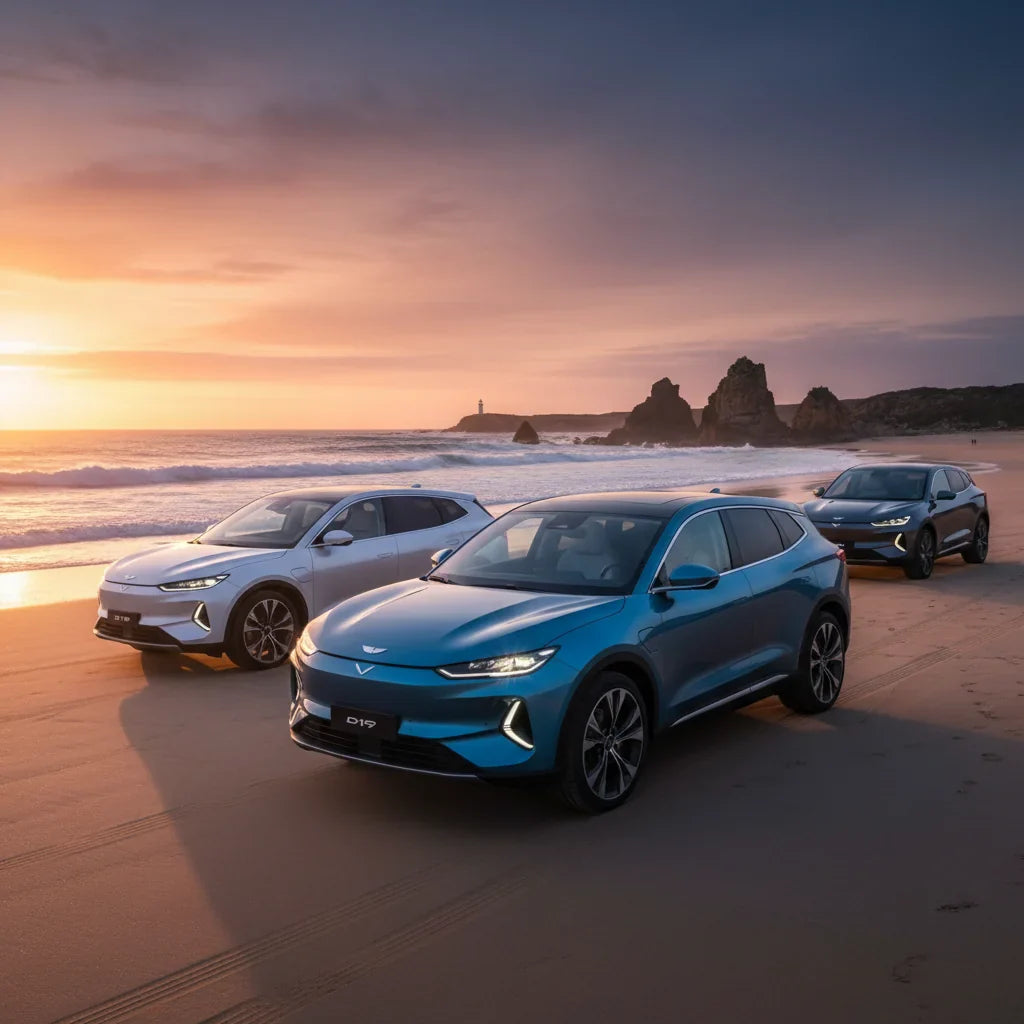 Editorial photo-realistic HERO image for automotive news (2026-04-30). Feature Leapmotor vehicles specifically D19 flagship SUV. Scene: A sleek Leapmo