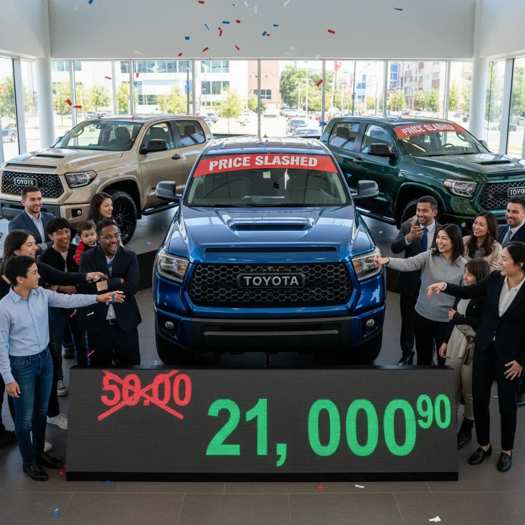 Editorial photo-realistic HERO image for automotive news (2026-05-11). Feature Toyota vehicles specifically Tundra. Scene: A dynamic dealership settin