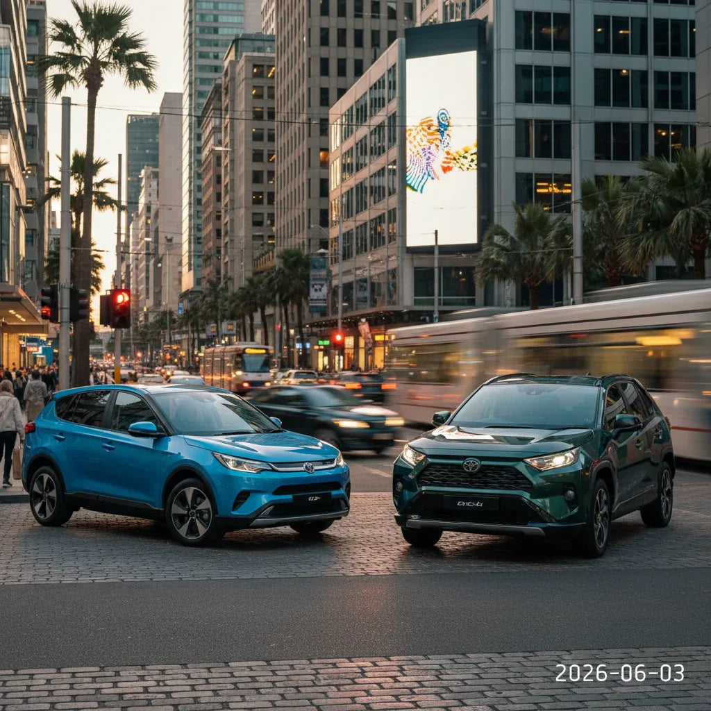 Editorial photo-realistic HERO image for automotive news (2026-06-03). Feature BYD and Toyota vehicles specifically BYD Atto 3, Toyota RAV4. Scene: A 
