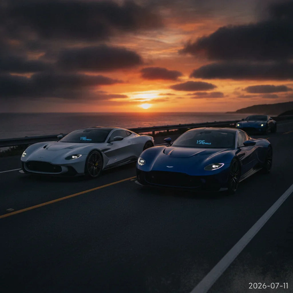 Editorial photo-realistic HERO image for automotive news (2026-07-11). Feature Aston Martin vehicles specifically Valhalla. Scene: A stunning sunset b