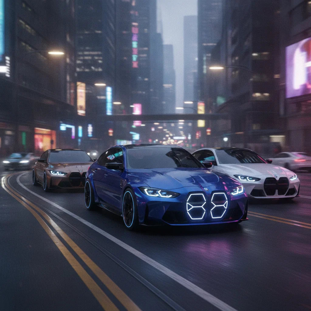 Editorial photo-realistic HERO image for automotive news (2026-07-16). Feature BMW vehicles specifically M3. Scene: A sleek, modern BMW M3 electric ve