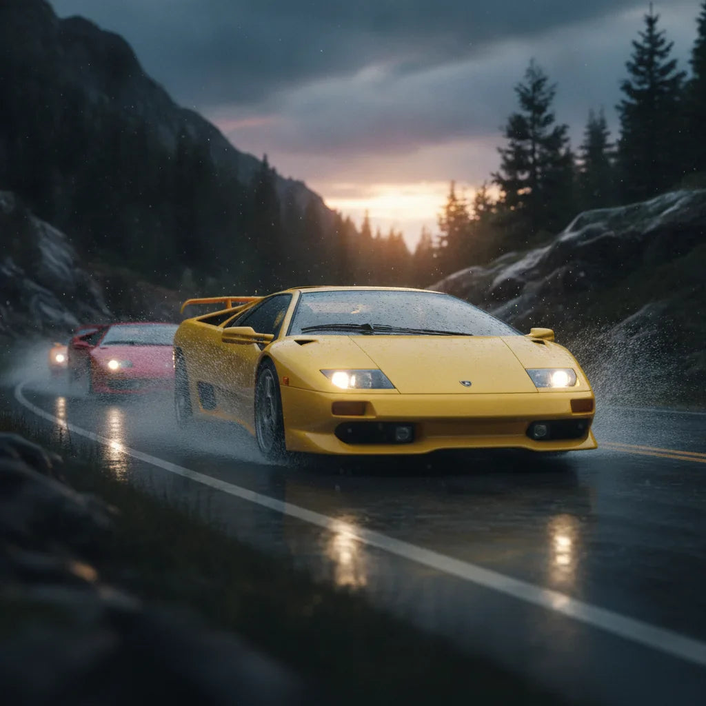 Editorial photo-realistic HERO image for automotive news (2026-07-19). Feature Lamborghini vehicles specifically Diablo SV. Scene: A striking Lamborgh