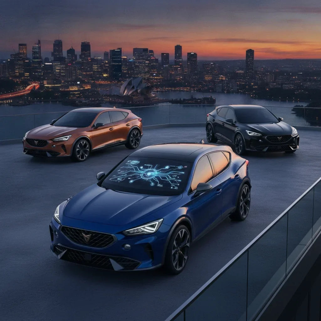 Editorial photo-realistic HERO image for automotive news (2026-07-27). Feature Cupra vehicles specifically Cupra Formentor. Scene: A sleek Cupra Forme