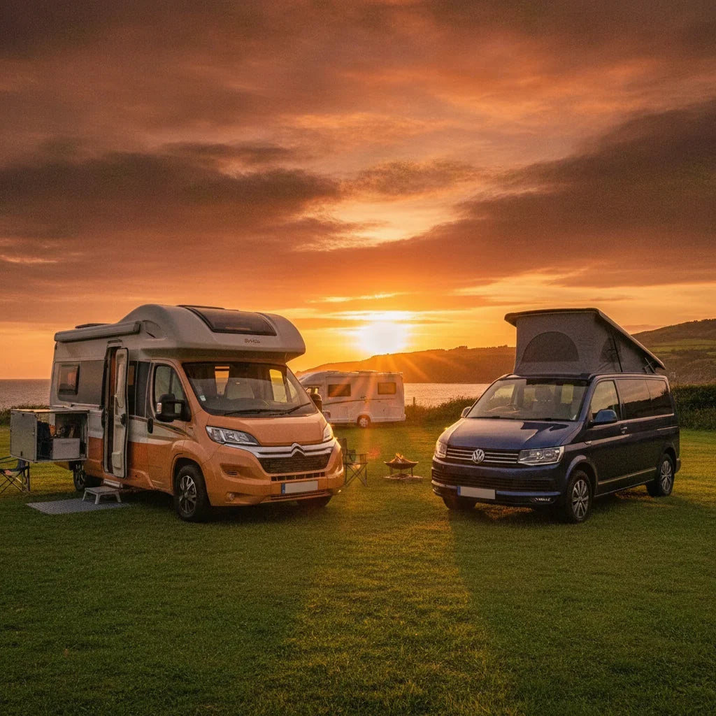 Editorial photo-realistic HERO image for automotive news (2026-08-02). Feature Citroen and Volkswagen vehicles specifically Citroen campervan, VW Cali