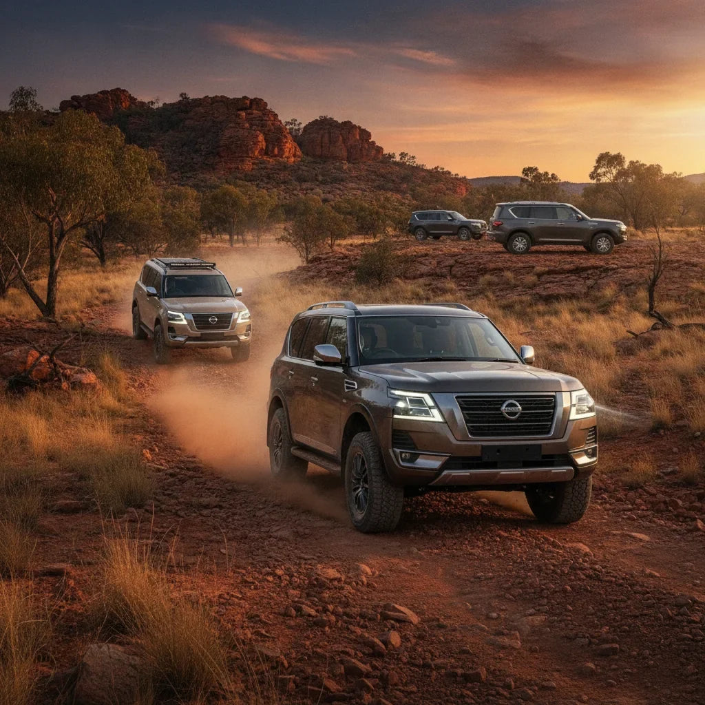 Editorial photo-realistic HERO image for automotive news (2026-08-07). Feature Nissan vehicles specifically Patrol Y63. Scene: The new 2027 Nissan Pat