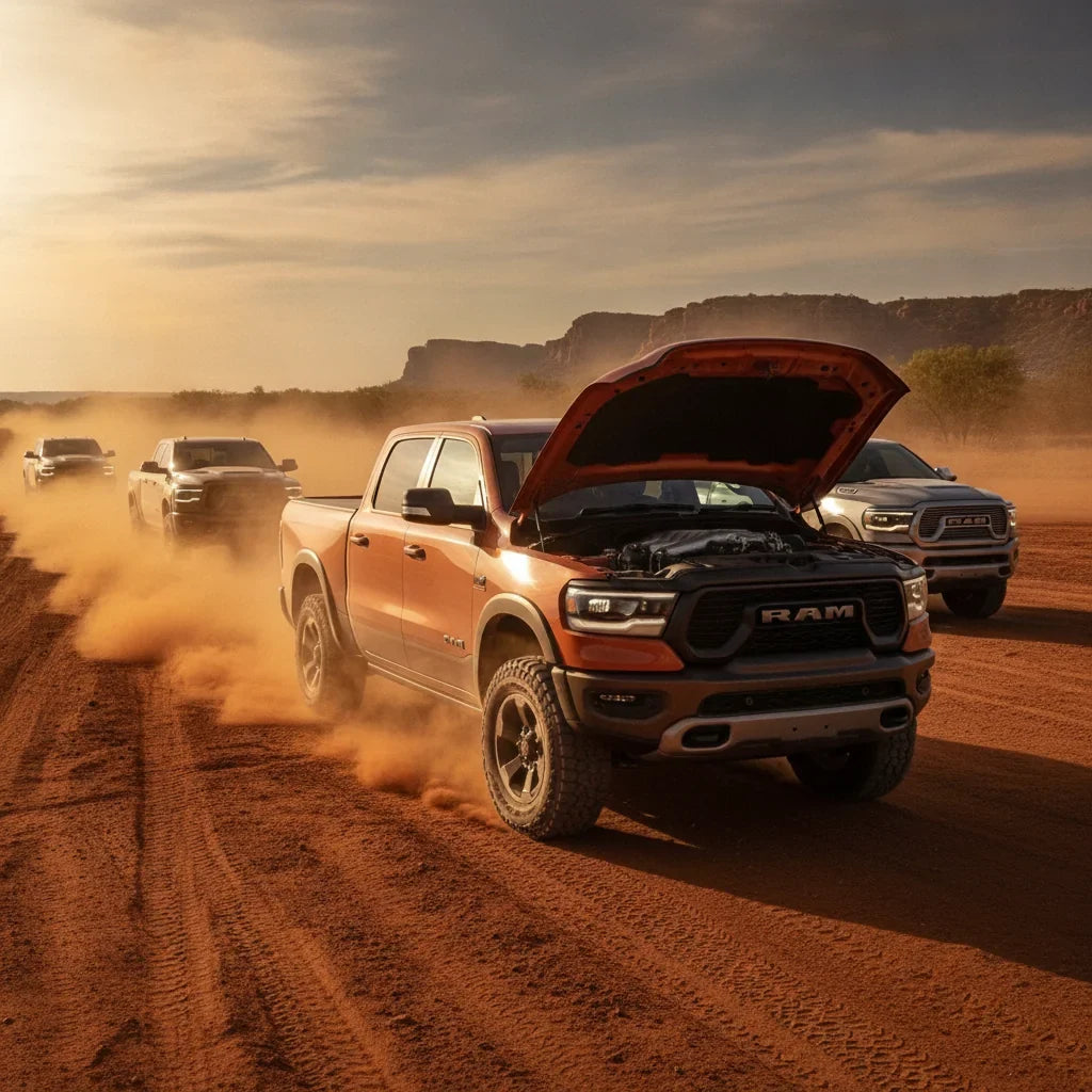 Editorial photo-realistic HERO image for automotive news (2026-08-12). Feature Ram vehicles specifically specific V8 model. Scene: A Ram truck showcas