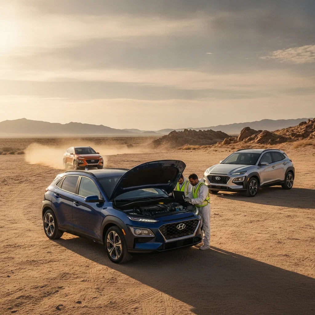 Editorial photo-realistic HERO image for automotive news (2026-08-14). Feature Hyundai vehicles specifically 2028 Hyundai Kona. Scene: The new Hyundai