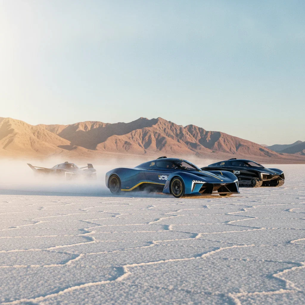 Editorial photo-realistic HERO image for automotive news (2026-08-15). Feature JCB vehicles specifically Hydromax. Scene: The JCB Hydromax speeding do