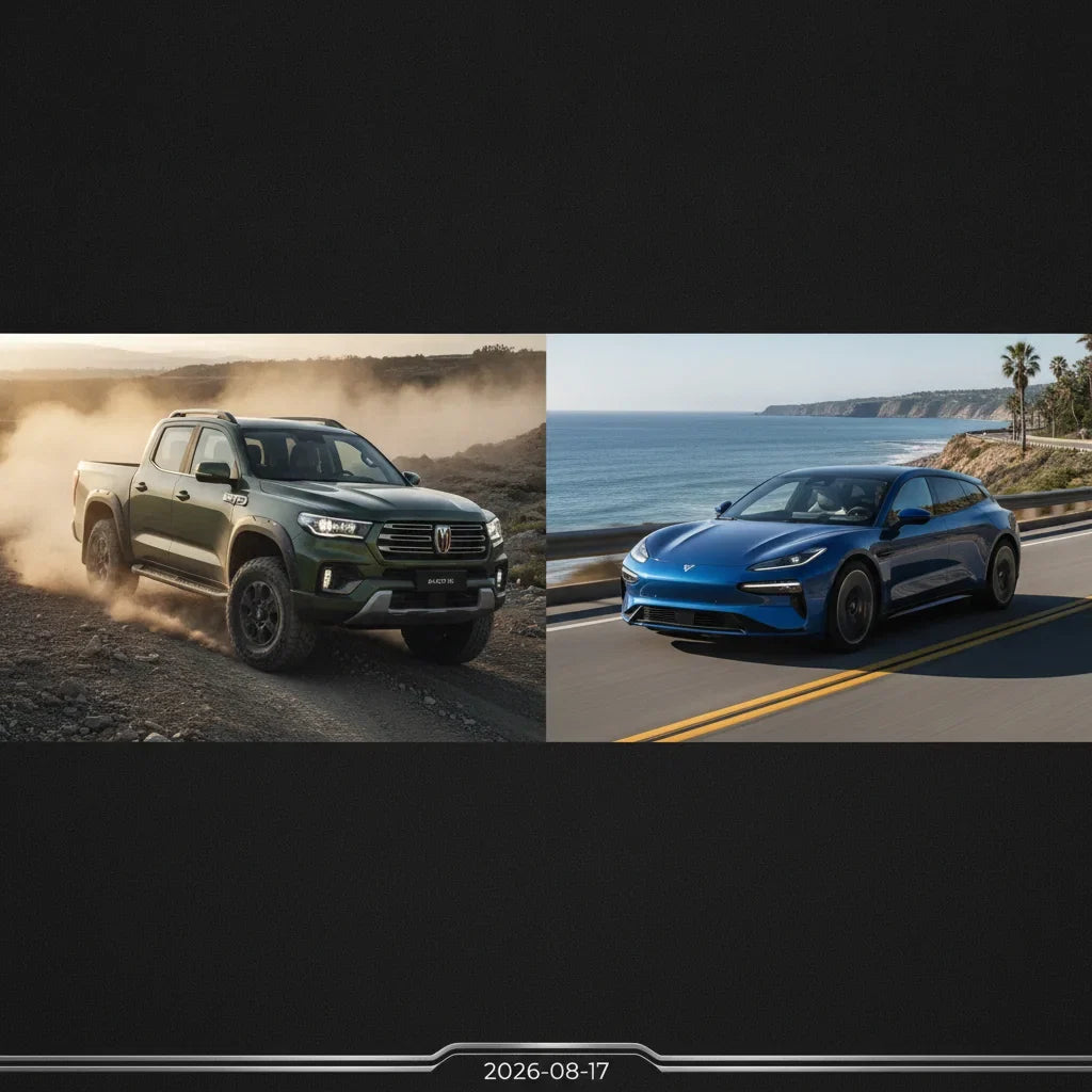 Editorial photo-realistic HERO image for automotive news (2026-08-17). Feature GWM and Zeekr vehicles specifically Cannon Alpha, 7GT. Scene: The GWM C
