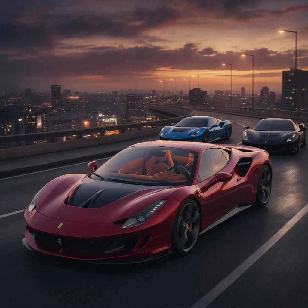 Editorial photo-realistic HERO image for automotive news (2026-08-18). Feature Ferrari vehicles specifically Ferrari Manual Supercar. Scene: A vibrant