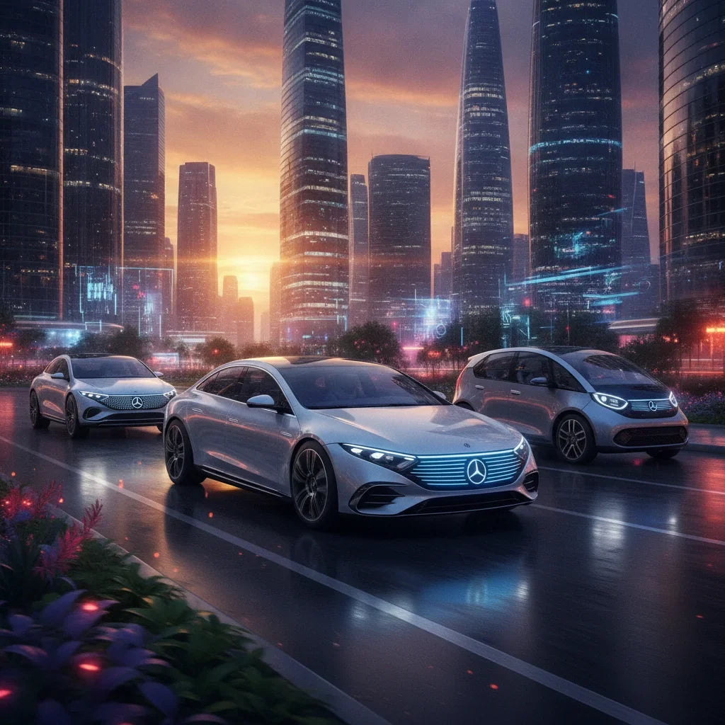 Editorial photo-realistic HERO image for automotive news (2026-08-22). Feature Mercedes vehicles specifically future EVs. Scene: A sleek, futuristic M