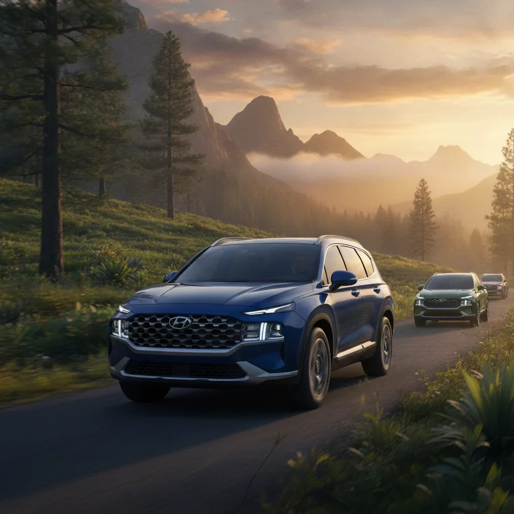 Editorial photo-realistic HERO image for automotive news (2026-08-26). Feature Hyundai vehicles specifically 2027 Hyundai Santa Fe. Scene: The new 202
