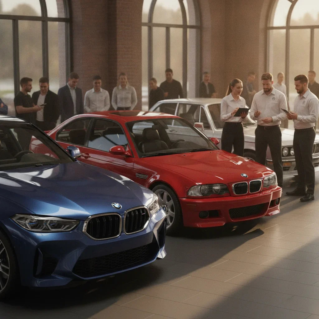 Editorial photo-realistic HERO image for automotive news (2026-08-30). Feature BMW vehicles specifically XM, E46. Scene: A BMW dealership with classic