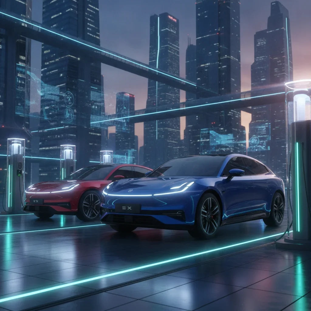 Editorial photo-realistic HERO image for automotive news (2026-09-04). Feature Zeekr vehicles specifically 7X. Scene: A Zeekr 7X parked in a futuristi