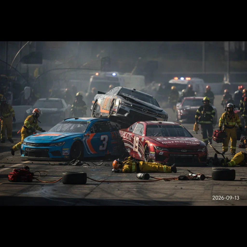 Editorial photo-realistic HERO image for automotive news (2026-09-13). Feature NASCAR vehicles specifically Various race cars involved in the incident