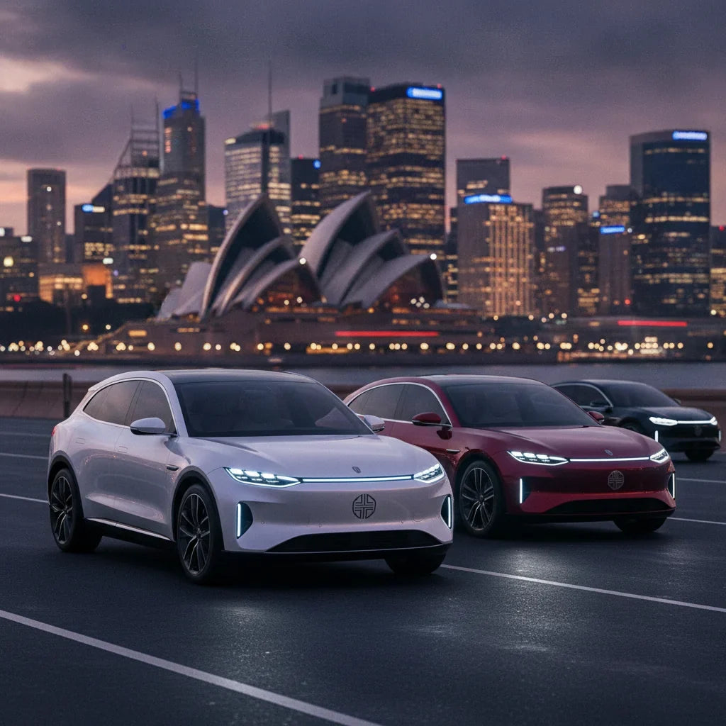 Editorial photo-realistic HERO image for automotive news (2026-09-21). Feature China's oldest auto brand vehicles specifically Electric luxury SUV, Lu