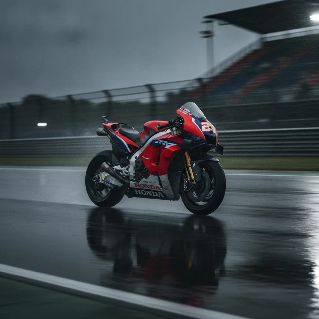 Editorial automotive photography: Honda RC213V as the hero subject. Context: Marquez's impressive performance during wet qualifying, managing to secur