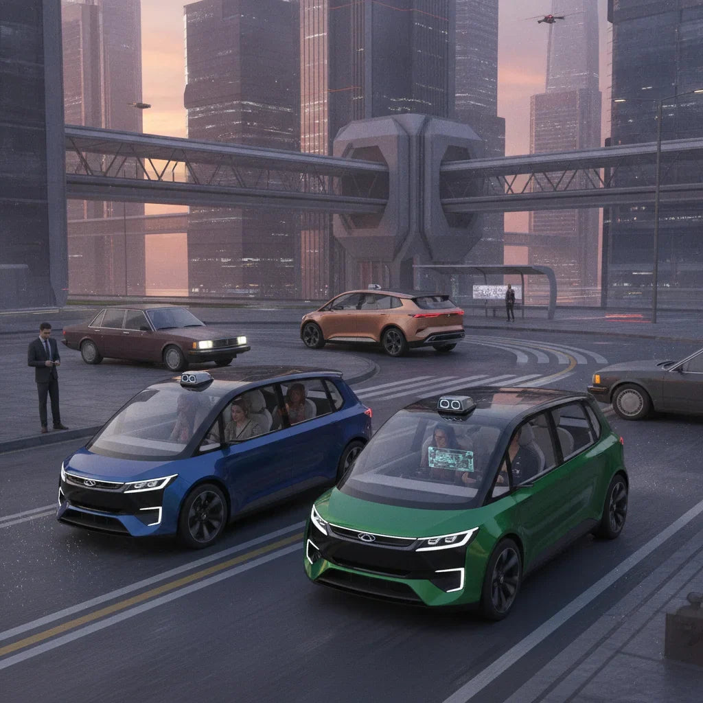 Editorial photo-realistic HERO image for automotive news (2026-10-27). Feature Chery vehicles. Scene: A futuristic city street bustling with robotaxis