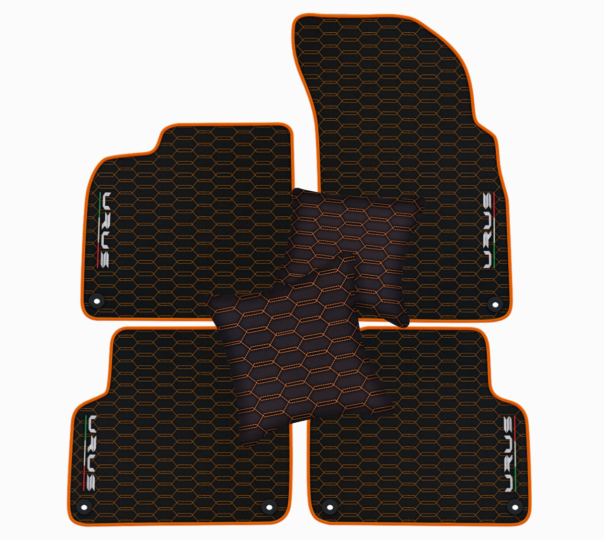 Orange Stitching Black Leather Floor Mats for Lamborghini Urus with Interlaced Hex | Full Set Option