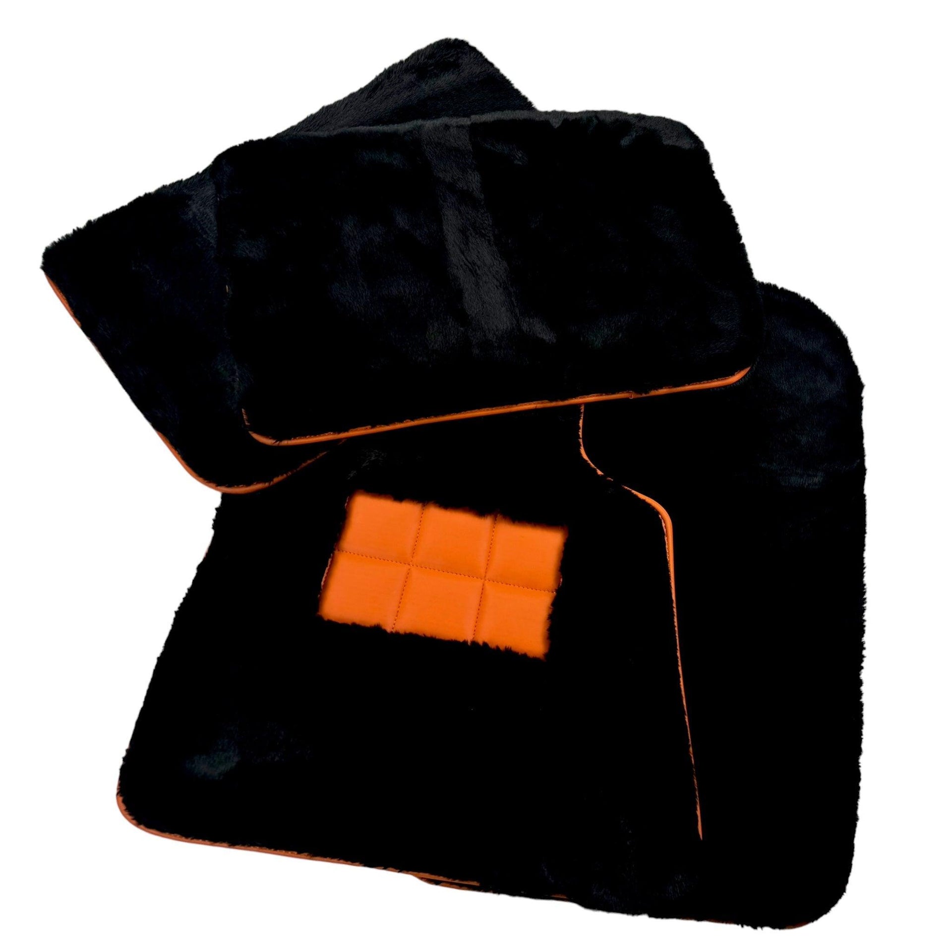 Black Sheepskin Floor Mats for Rolls-Royce Wraith (2013–2023) Orange Leather Trim - AutoWin