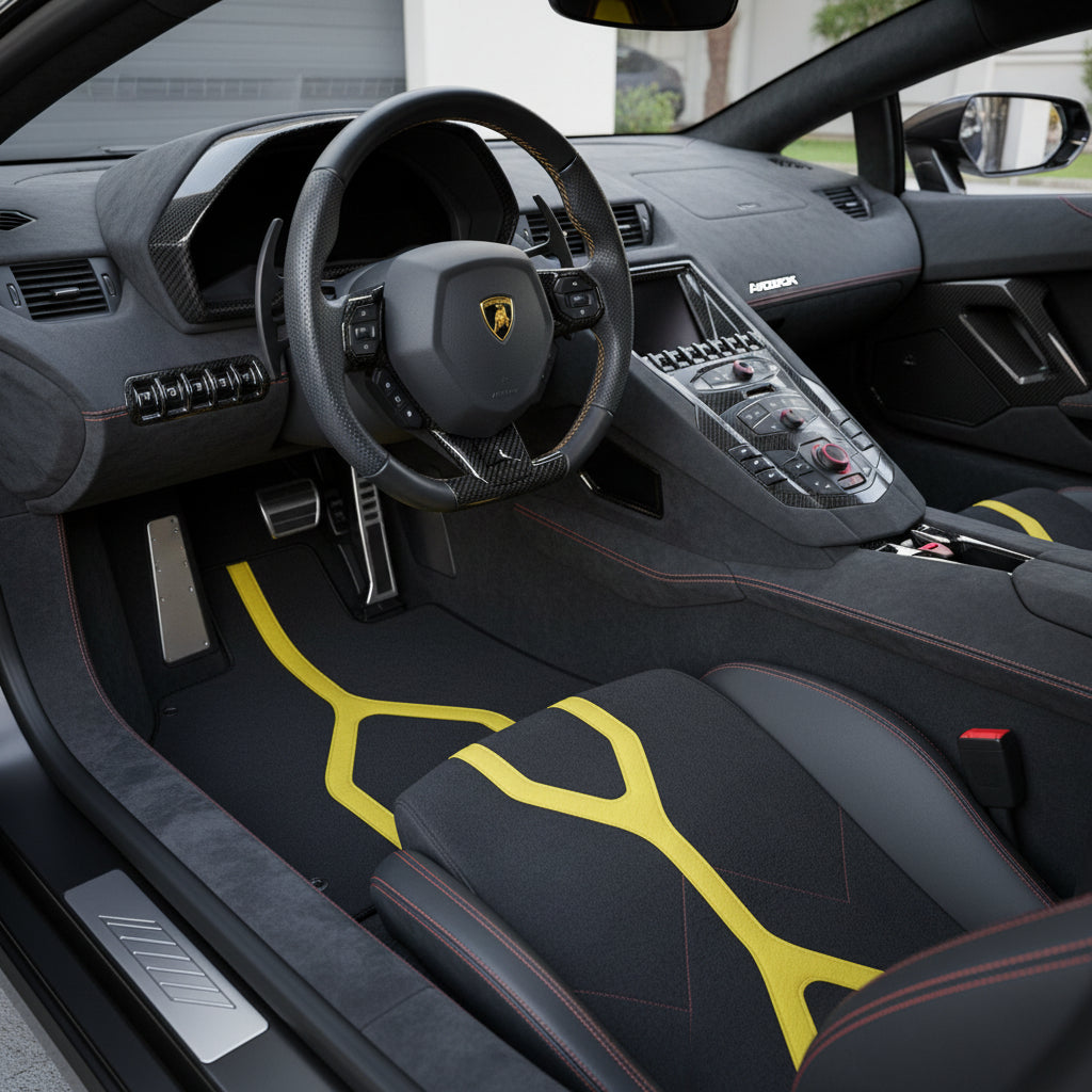 Customizable Floor Mats From Carpet with Leather A56 Pattern for Lamborghini Aventador (2012-2022)