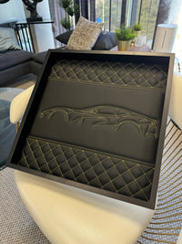 Black Leather Inspired Wall Art: Embroidered Yellow Stitch Luxury Decor