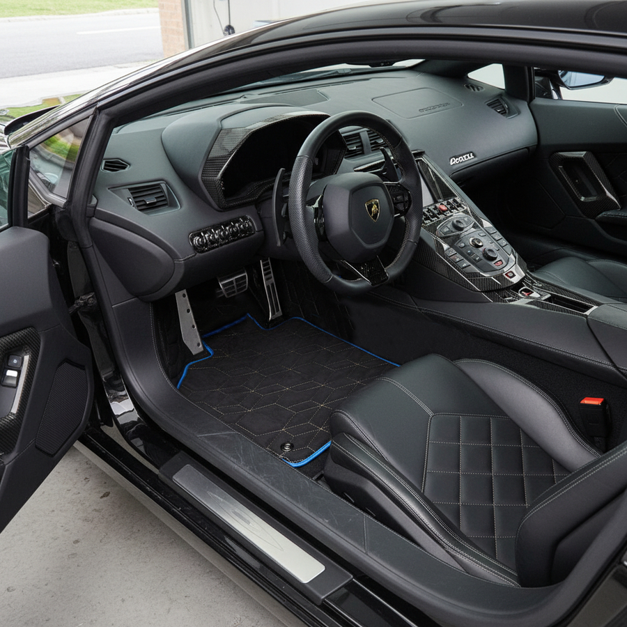 Dopasowane skórzane dywaniki samochodowe dla Lamborghini Aventador SVJ Limited Edition z niebieskim wykończeniem